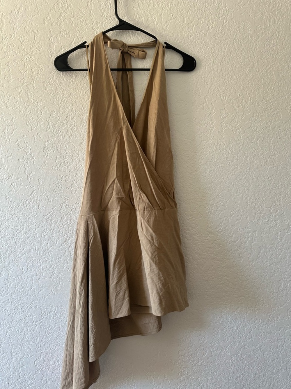 Zara Sleeveless Asymmetrical Wrap Dress in Tan